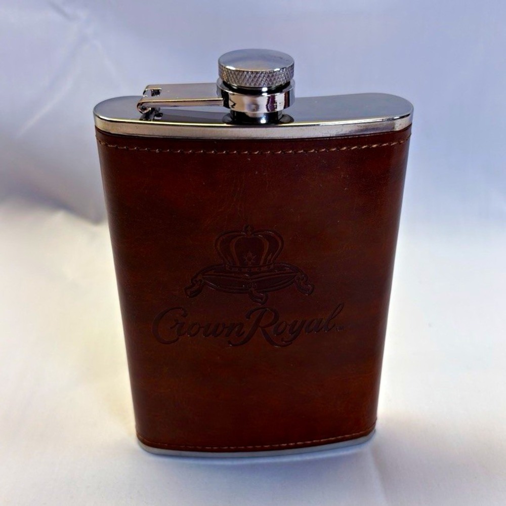 Crown Royal 8 oz Stainless Steel Hip Flask Brown Leather Wrap Screw Cap L-524